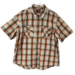Timberland Mens XL Short Sleeve Collared Button Up Shirt Orange Plaid Cotton